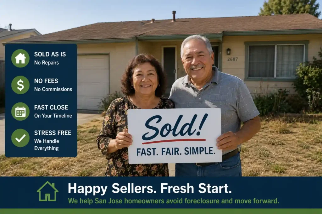 Happy San Jose homeowners holding a sold sign outside a dated house after selling their home fast as is to avoid foreclosure without repairs or realtor fees