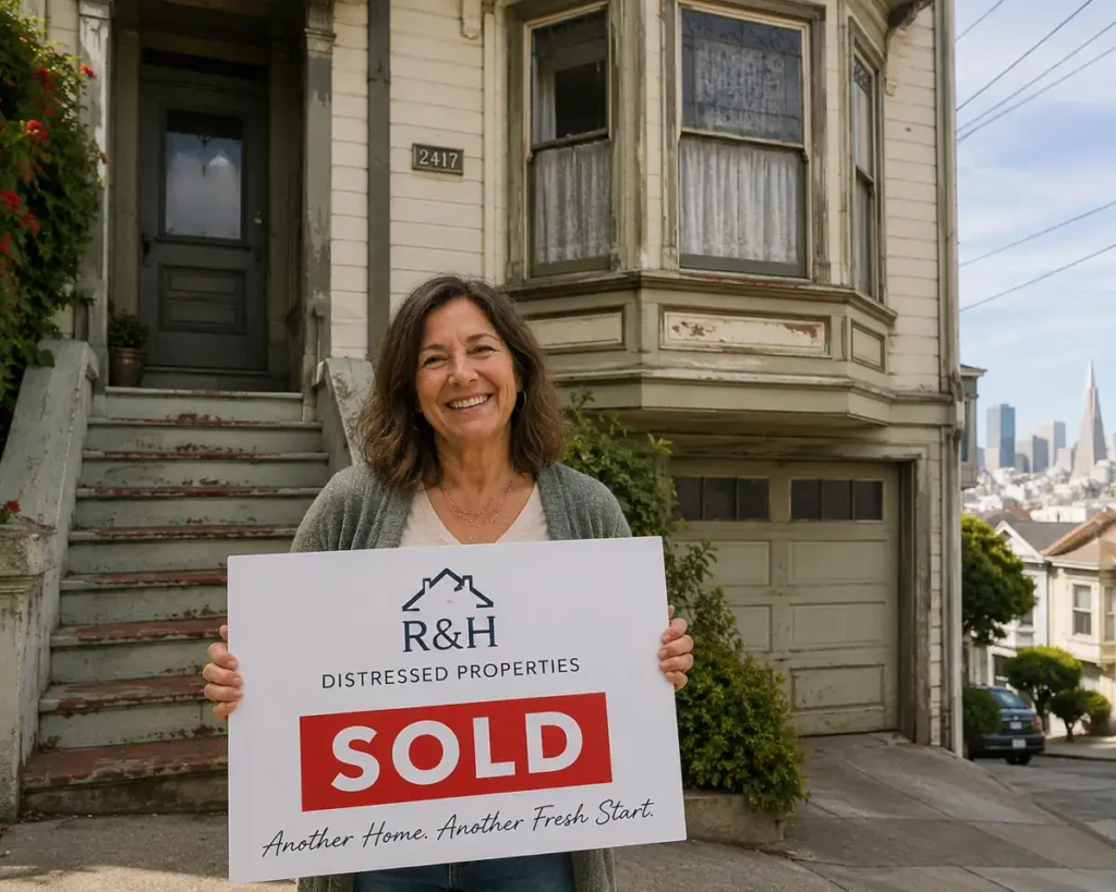 Happy homeowner holding sold sign after selling probate house in San Francisco CA outside original condition home