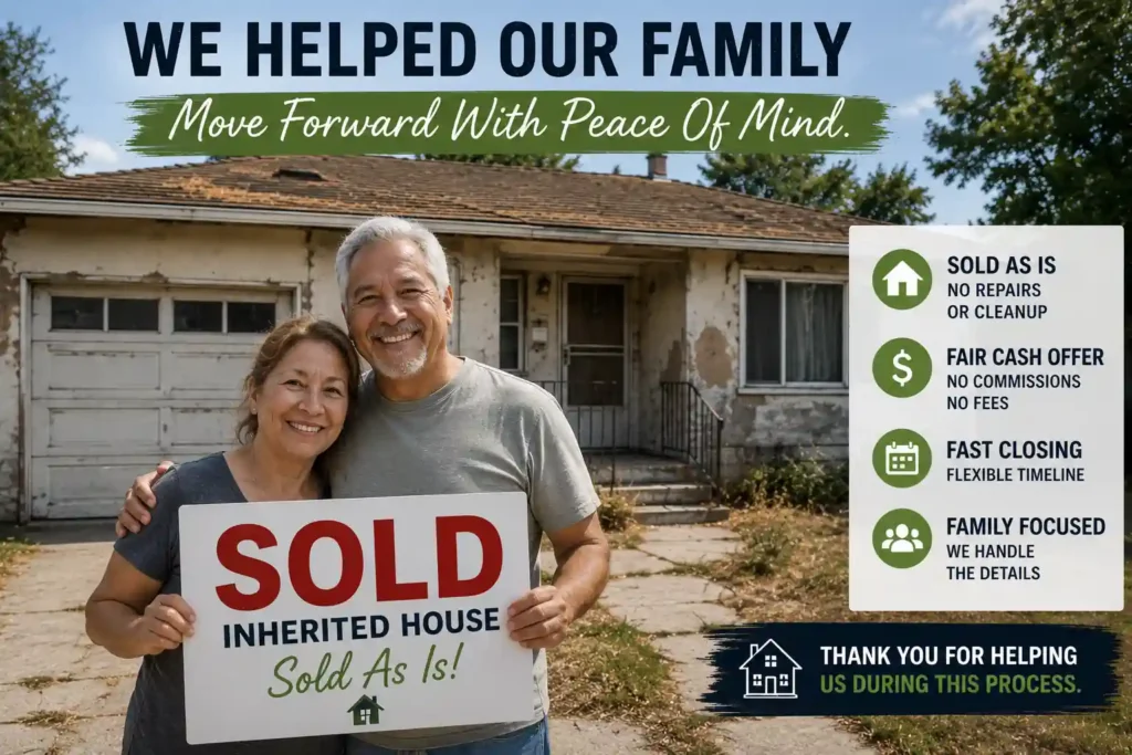 Happy homeowners holding a sold sign outside a distressed inherited house in San Jose after selling the property as is for a fast cash sale without repairs or cleanup