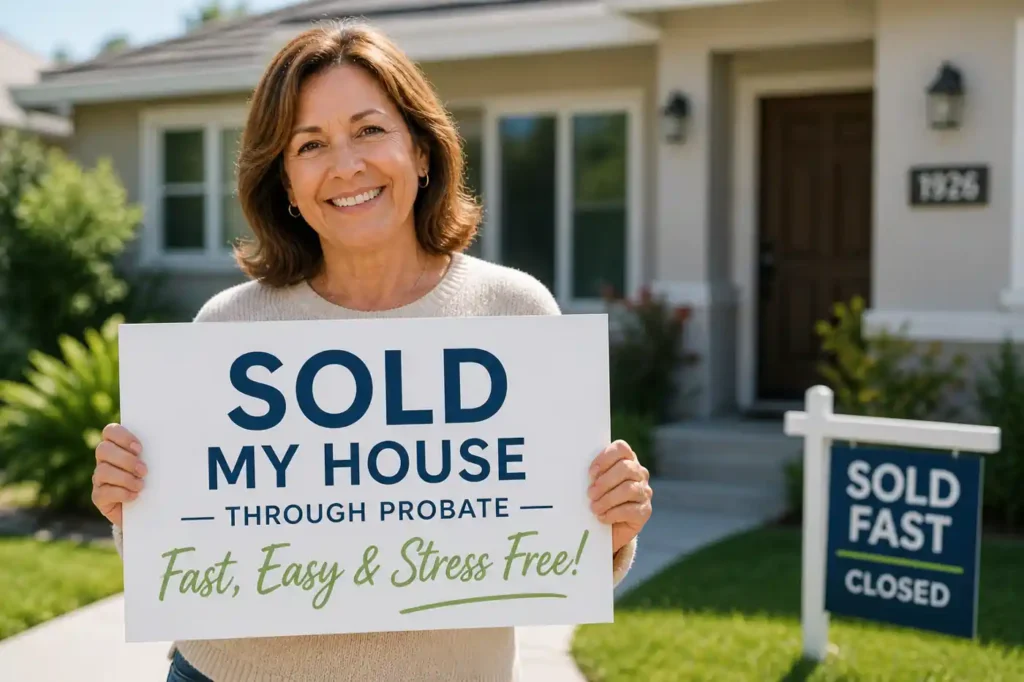 happy homeowner sold probate house fast concord ca holding sold sign outside home