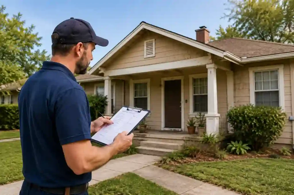 Home inspector examining a dated California house during a real estate inspection for roof, foundation, and property condition issues.