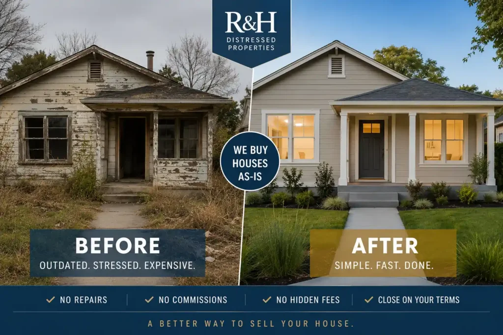 Professional before and after image showing a distressed Bay Area house transformed into a renovated home with tasteful overlays for R&H Distressed Properties, a John Buys Bay Area Houses alternative that buys houses as-is for cash.