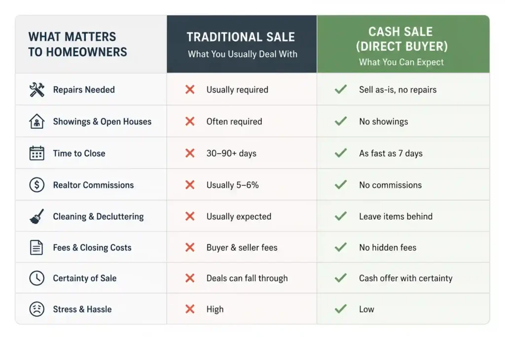 Simple table style graphic comparing a traditional home sale versus a direct cash sale with icons, checkmarks, and side by side categories including repairs, commissions, closing time, fees, and stress level for Bay Area homeowners. John Buys Bay Area Houses Alternative