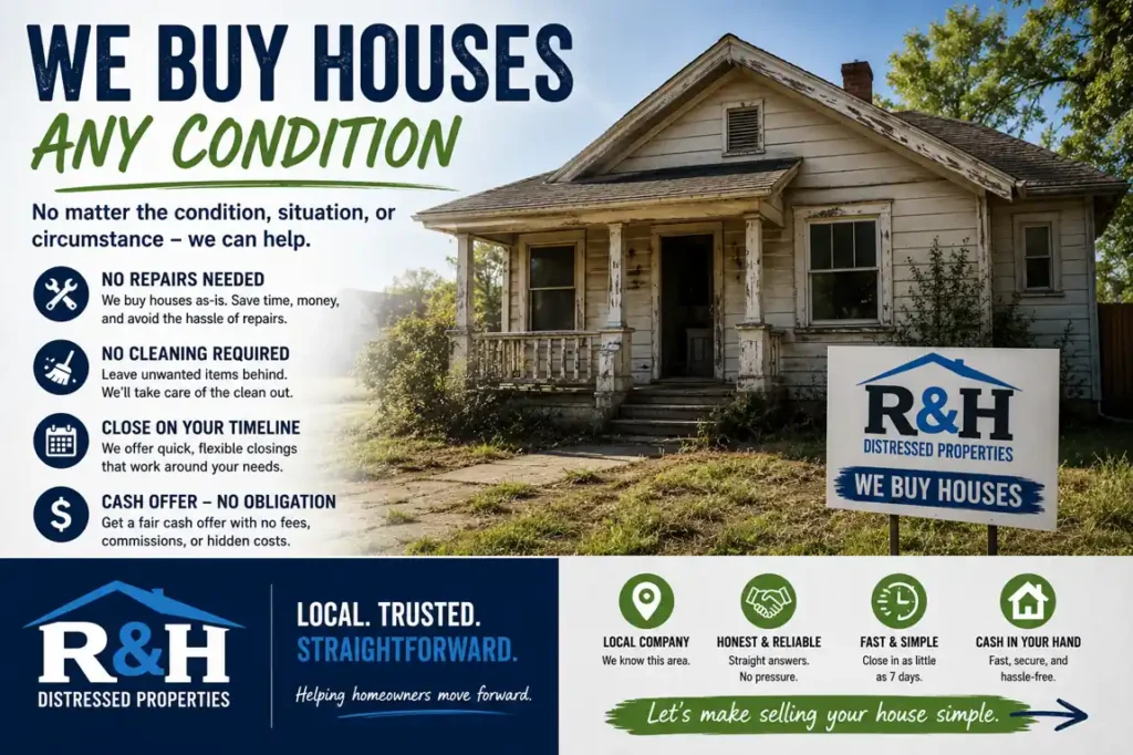 R&H Distressed Properties we buy houses any condition graphic showing an original condition distressed house with benefits including no repairs, no cleaning, flexible closing timelines, and fast cash offers for Sacramento homeowners
