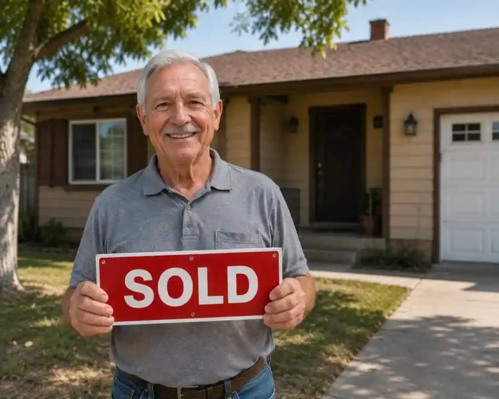 Happy Oakdale CA homeowner holding sold sign after selling house fast for cash without repairs or realtor fees