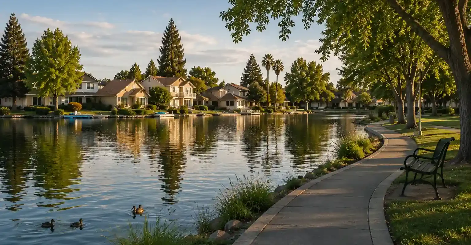 Quiet lakefront walking path and homes in Quail Lakes Stockton California near the water during sunset, representing homeowners looking to sell their house fast in Quail Lakes Stockton CA