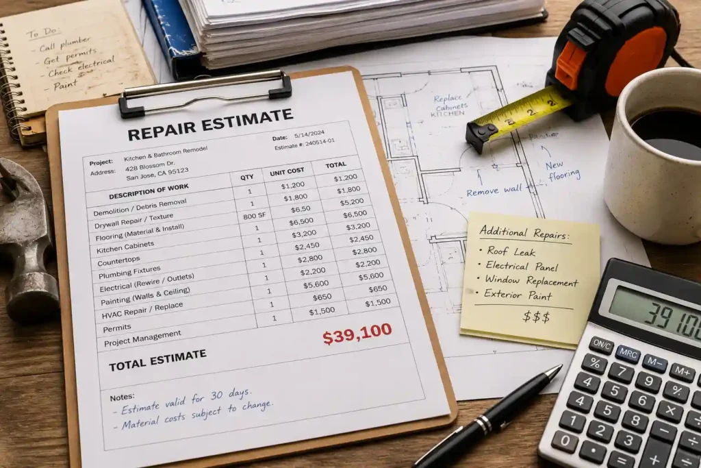 Repair estimate paperwork, contractor notes, and calculator showing renovation costs for a San Jose house that needs repairs before selling as is