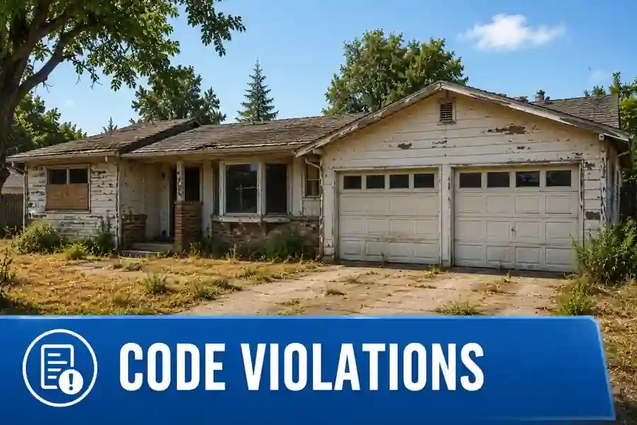 Fixer upper house with code violations in Folsom featuring a two car garage and cash home buyer overlay for distressed property sellers.