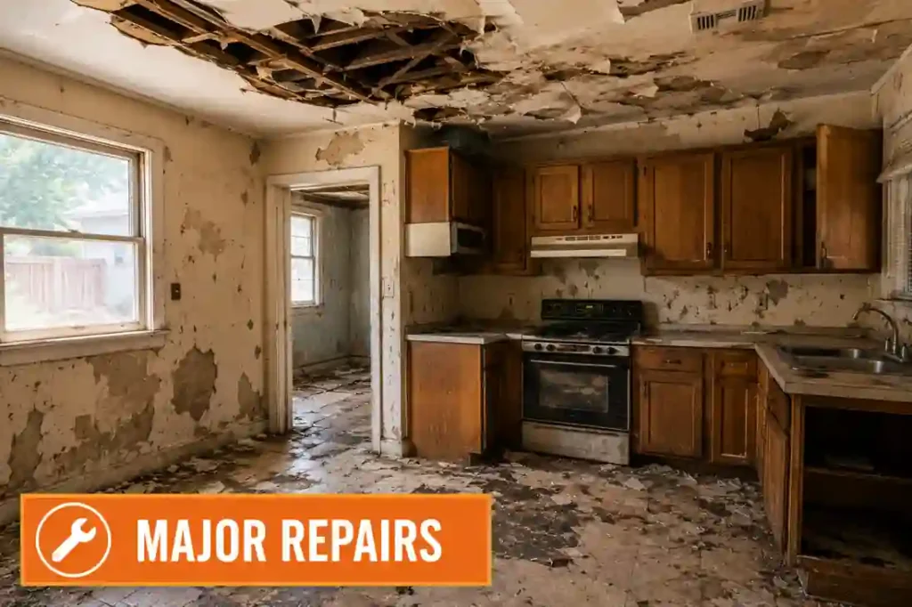 Major repairs inside a fixer upper kitchen in Folsom with severe damage and cash home buying overlay for homeowners looking to sell their house fast.