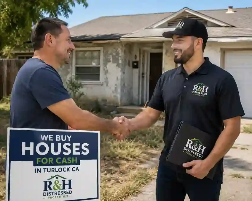 Sell my house fast Turlock CA homeowner shaking hands with R&H Distressed Properties outside of a fixer upper house after receiving a fair cash offer