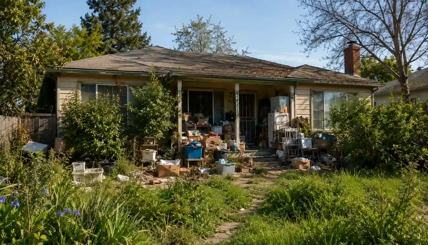 Cluttered hoarder house in Sacramento CA with overgrown yard and visible debris before selling as-is for cash