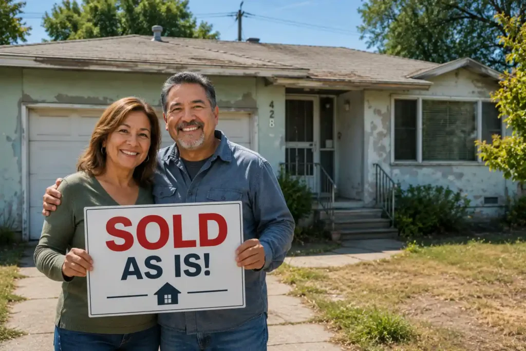 Happy San Jose homeowners holding a sold as is sign outside a distressed house after selling their home fast without repairs, cleaning, or realtor commissions