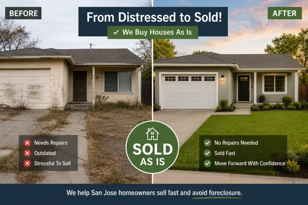 Before and after home transformation showing a distressed San Jose house sold as is to avoid foreclosure and renovated into a clean updated home by cash home buyers in San Jose CA