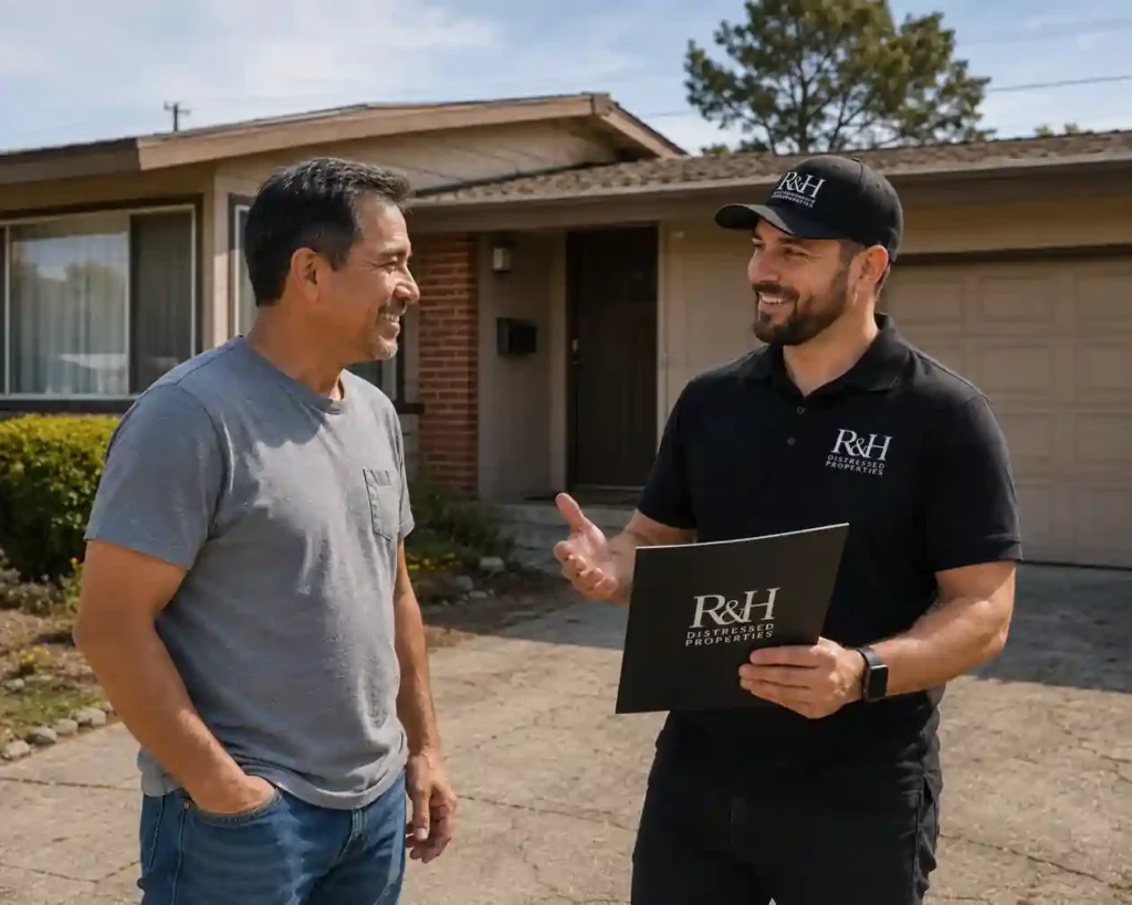 Homeowner discussing a cash for houses offer with R&H Distressed Properties outside a 1970s fixer upper house in San Mateo CA