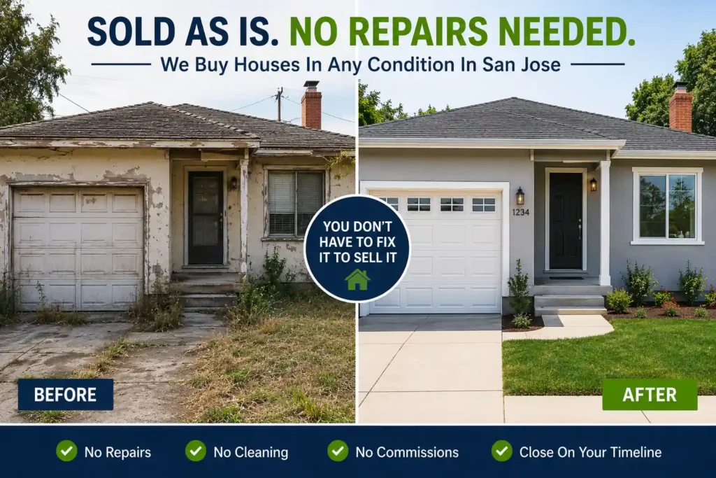 Before and after transformation of a distressed San Jose house sold as is without repairs, cleaning, or realtor commissions through a fast cash home sale process