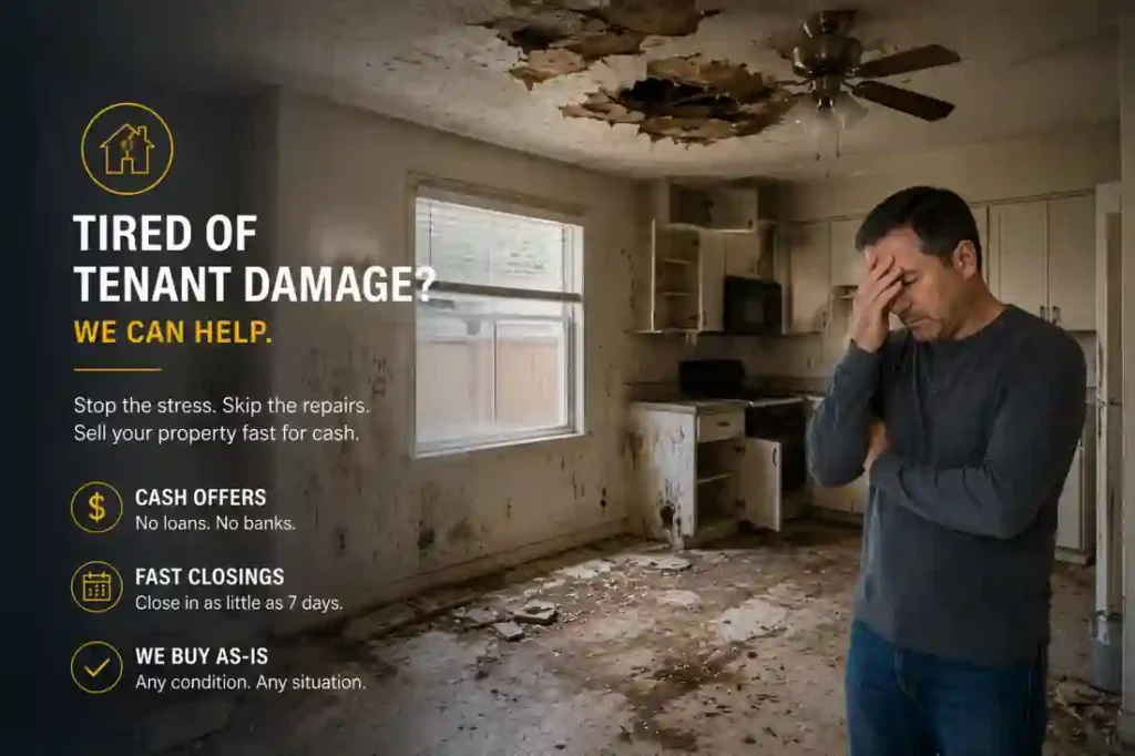 Landlord frustrated with tenant damage inside distressed San Jose rental property with cash home buyer overlay