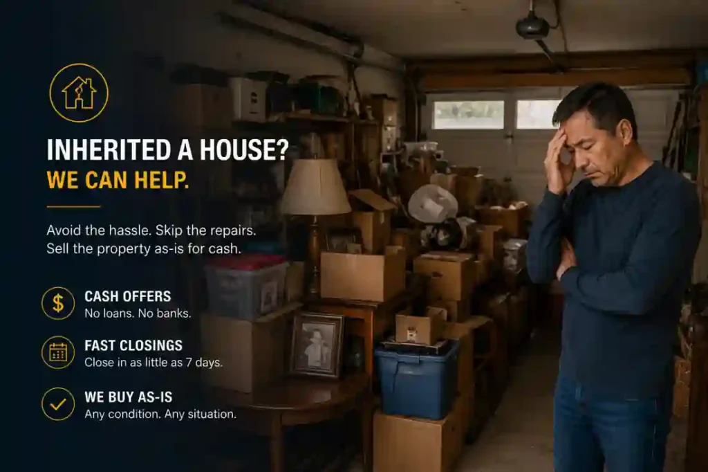 Packed garage inside inherited San Jose California house with probate property cash offer overlay and stressed homeowner