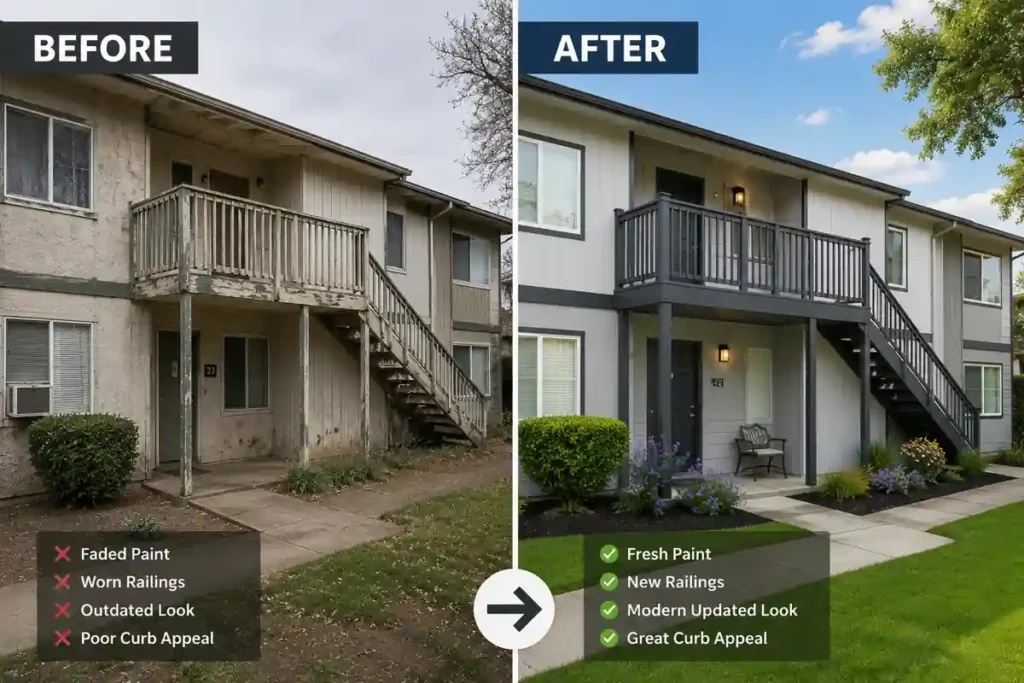 Before/after condo transformation image showing an outdated Vallejo CA condo exterior renovated into a modern updated property after selling fast for cash