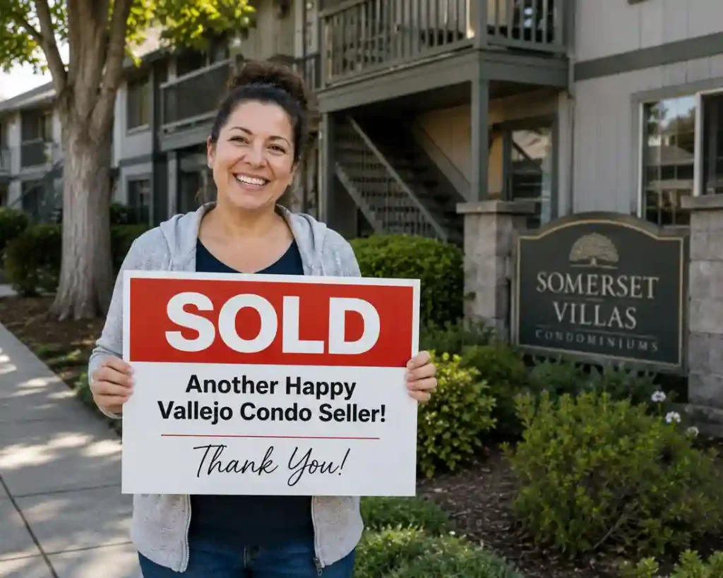Happy Vallejo condo seller holding a sold sign outside a condo complex after selling the property fast as-is for cash