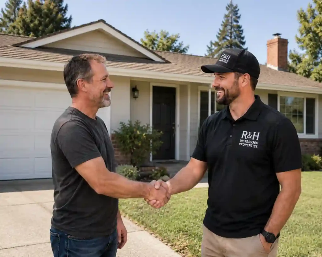 Cash For Houses in Rocklin CA. Happy homeowner shaking hands with R&H Distressed Properties after selling a fixer upper house for cash as-is without repairs or agents