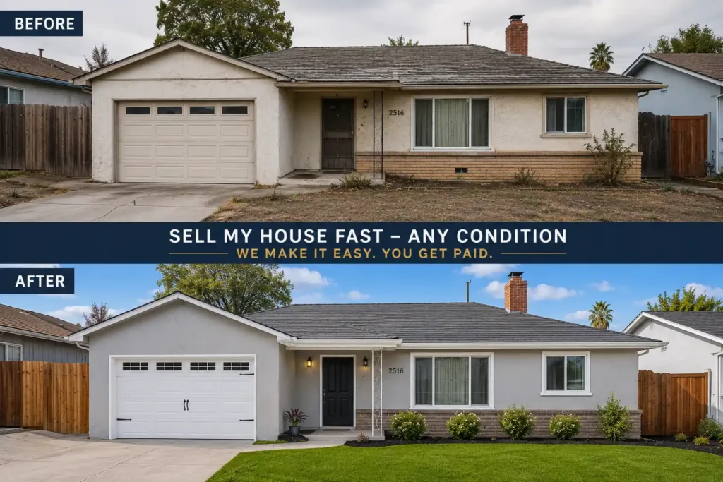 Professional before and after image of an Antioch CA house sold fast for cash showing a dated home transformation by local cash home buyers in Antioch California