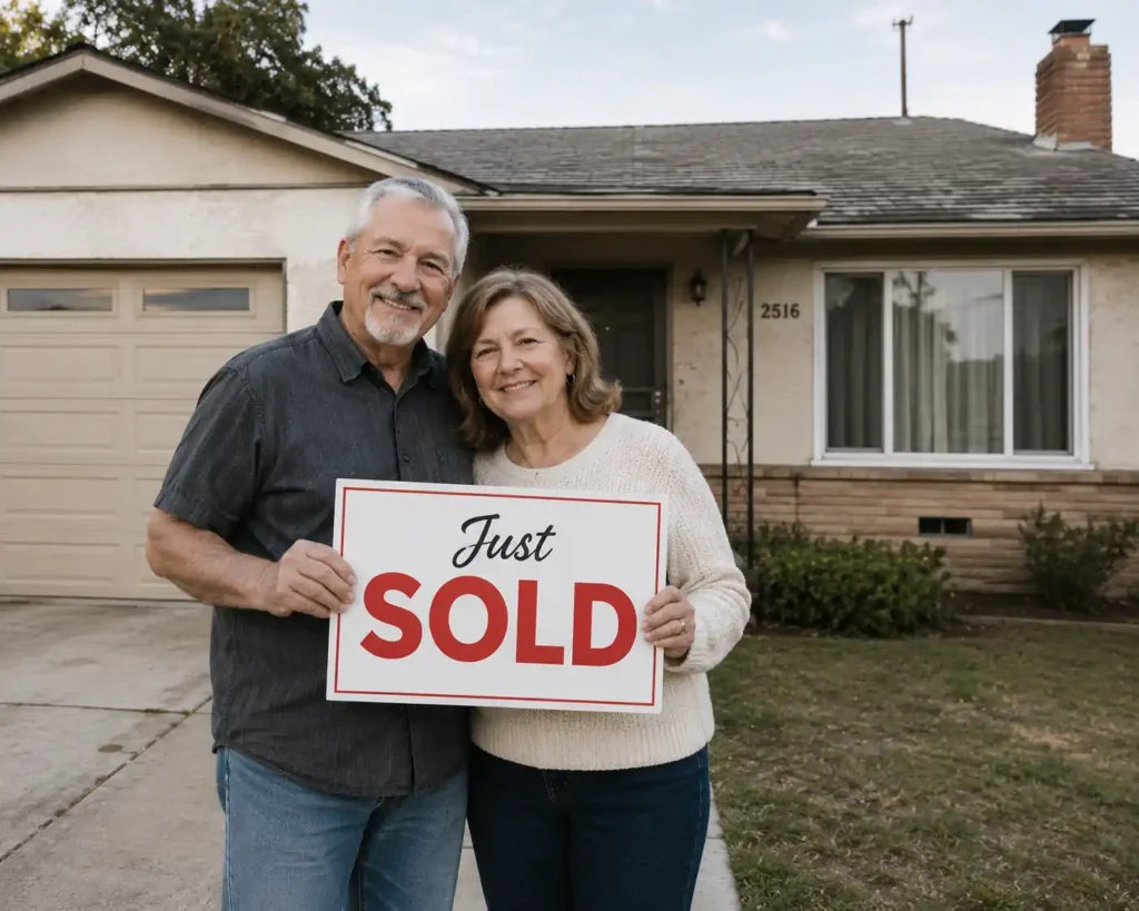 Happy older couple holding a sold sign after selling their Antioch CA house fast for cash to a local home buyer