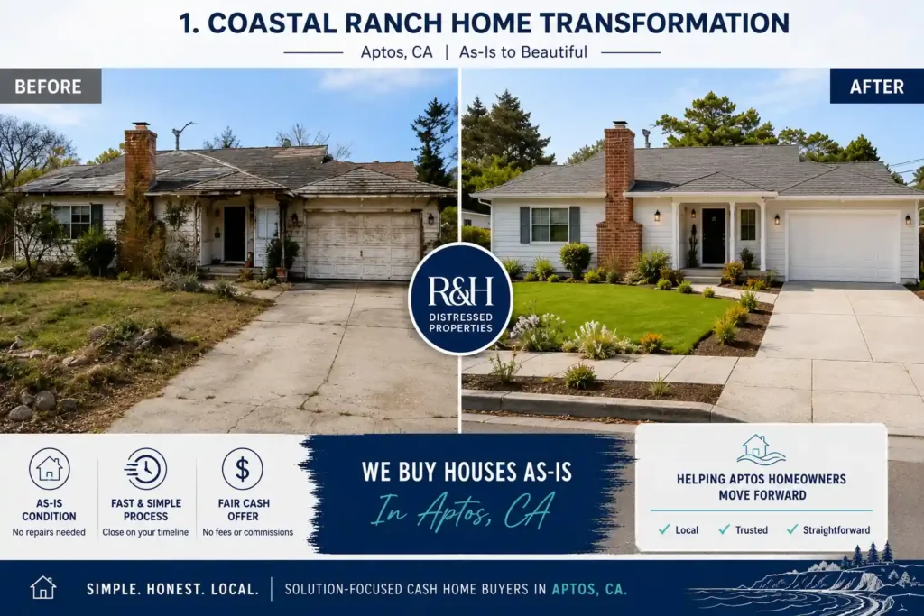 Sell my house fast Aptos CA before and after home transformation image by R&H Distressed Properties showing an as is coastal ranch house renovation in Aptos California