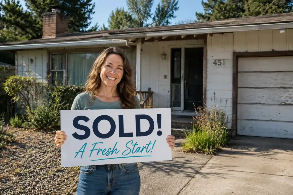 Happy Aptos California home seller holding a sold sign outside of a dated house after a fast cash home sale with R&H Distressed Properties
