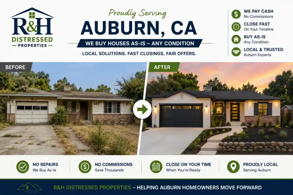 We Buy Houses Fast Auburn CA. Before and after home transformation showing a distressed property renovated after selling to R&H Distressed Properties, local we buy houses experts helping homeowners sell fast for cash as-is without repairs or commissions