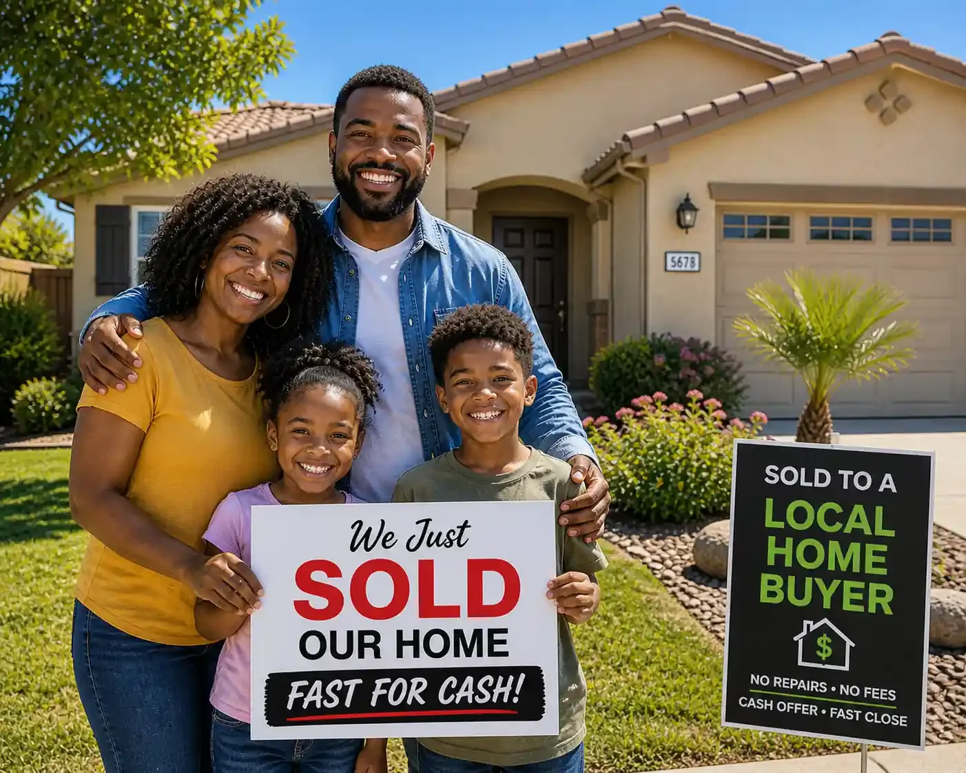 african american family in Bakersfield smiling outside their home holding sold sign after selling house fast for cash to local home buyer