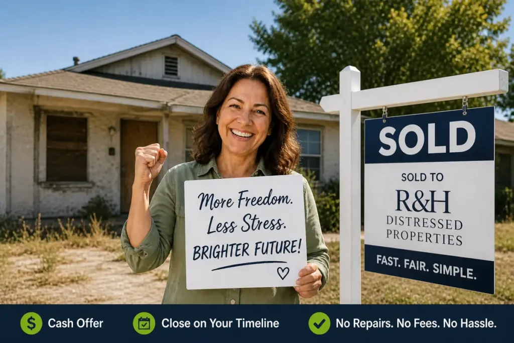happy homeowner holding sold sign after selling house fast in Bay Point California