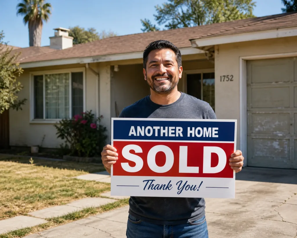 Homeowner holding sold sign after selling house before foreclosure in San Jose CA