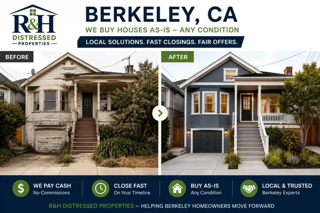 Before and after Berkeley CA house transformation showing a distressed home renovated after a fast cash sale to R&H Distressed Properties for homeowners looking to sell my house fast as-is in Berkeley California