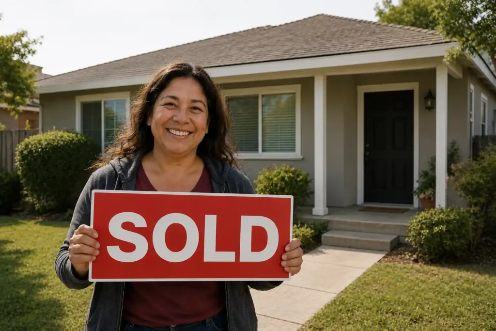 Happy Brookside, Stockton homeowner holding a red sold sign after selling their house fast to a local cash home buyer without repairs or commissions