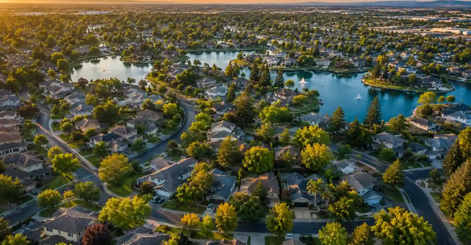 Aerial view of Brookside, Stockton California neighborhood with tree lined streets and homes representing local cash home buyers and fast home sales in Brookside Stockton CA