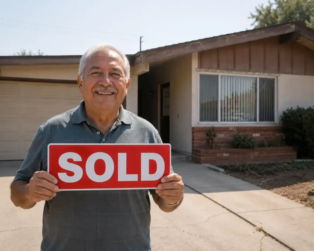 Sell my house for cash Stockton CA. Homeowner holding a red sold sign outside of a dated 1970s California home after selling as-is for cash