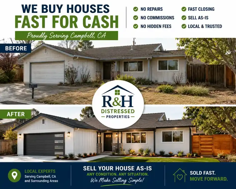 Before and after Campbell CA home transformation showing a distressed property renovated after homeowners chose to sell my house fast Campbell CA for cash to R&H Distressed Properties without repairs, commissions, or delays