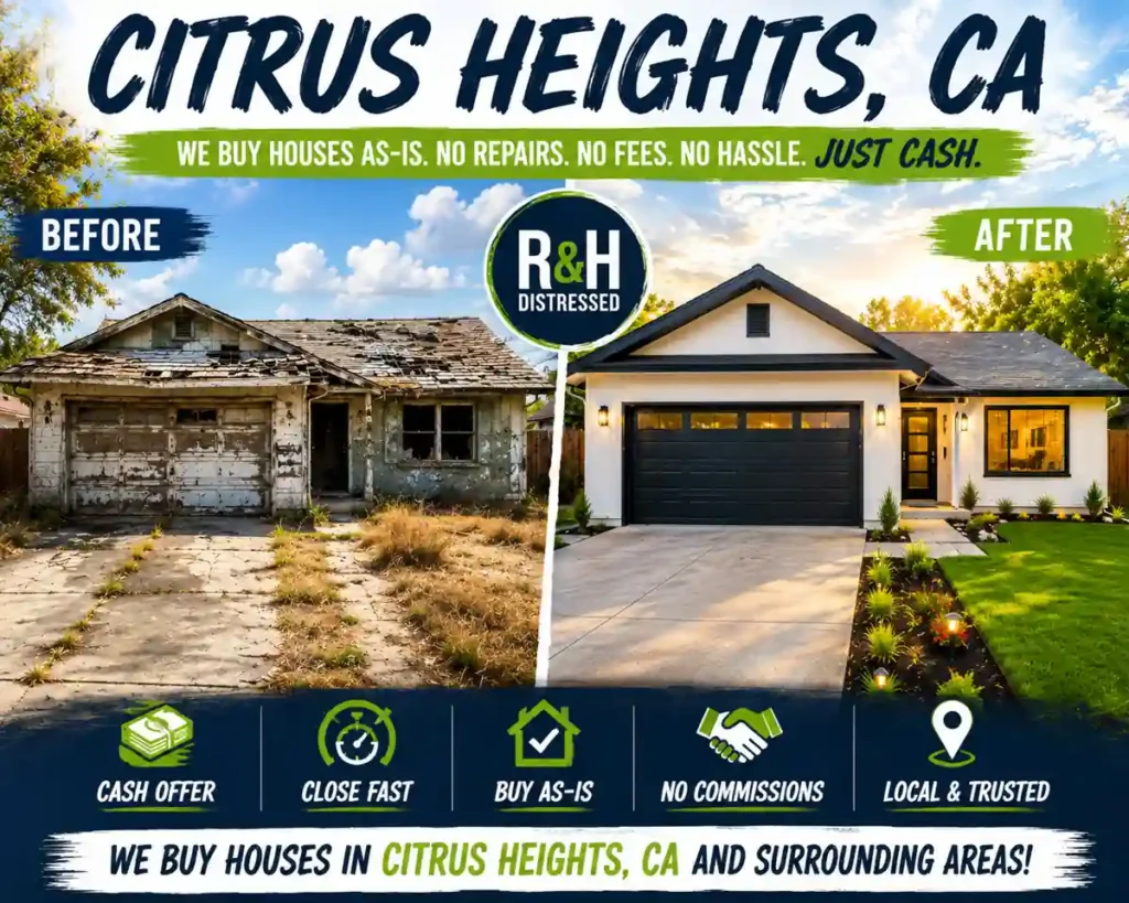 Sell my house fast in Citrus Heights CA with R&H Distressed Properties before and after fixer upper home transformation by local cash home buyers.
