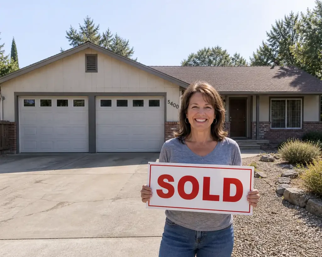 Sell my house fast Clayton CA. happy homeowner holding sold sign in front of original condition clayton ca house with two car garage after fast cash sale