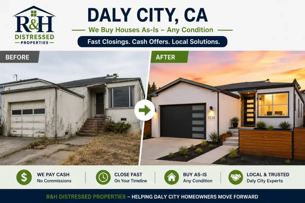 Before and after Daly City CA house transformation showing a distressed home renovated after homeowners chose to sell my house fast for cash Daly City to R&H Distressed Properties without repairs, realtor commissions, or delays