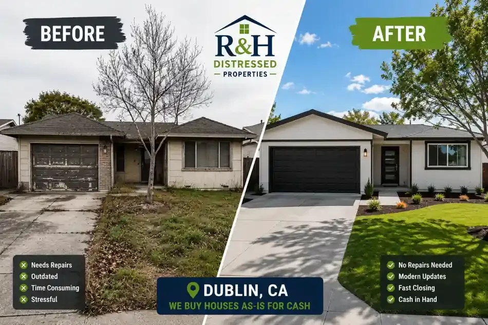 Fresh before and after Dublin CA home transformation showing a dated property renovated after homeowners chose to sell my house fast Dublin CA for cash to R&H Distressed Properties with no repairs, no realtor fees, and a fast as-is closing process