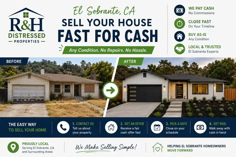Before and after El Sobrante CA home transformation showing a distressed property renovated after homeowners chose to sell my house fast for cash to R&H Distressed Properties without repairs, commissions, or long closing delays