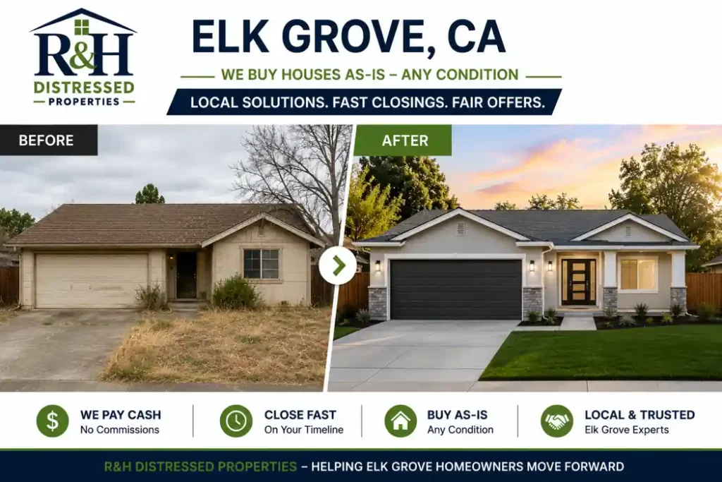 Before and after Elk Grove CA home transformation showing a distressed property renovated after homeowners chose to sell my house fast for cash to R&H Distressed Properties without repairs, commissions, or delays