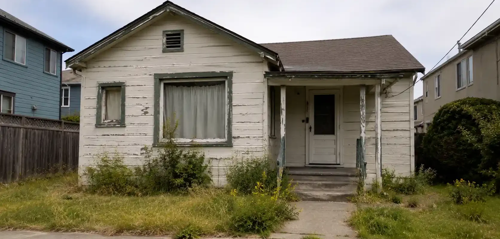 slightly distressed house in Emeryville California with overgrown yard and peeling paint for sell my house fast cash home buyers