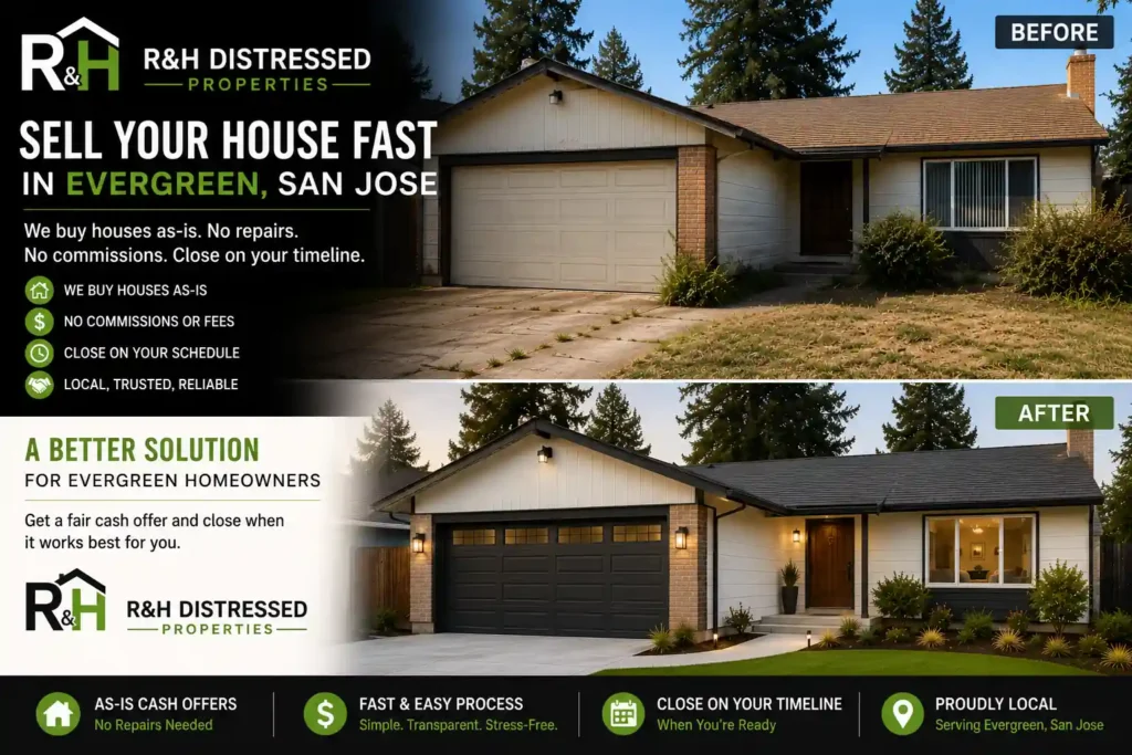 Before and after Evergreen San Jose home renovation image with R&H Distressed Properties overlays for a sell my house fast