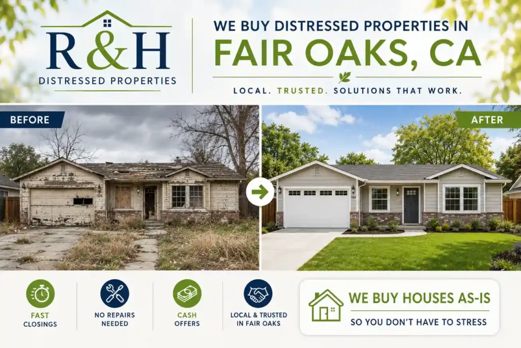 sell my house fast Fair Oaks CA before and after image showing a distressed house transformed into a renovated home by R&H Distressed Properties