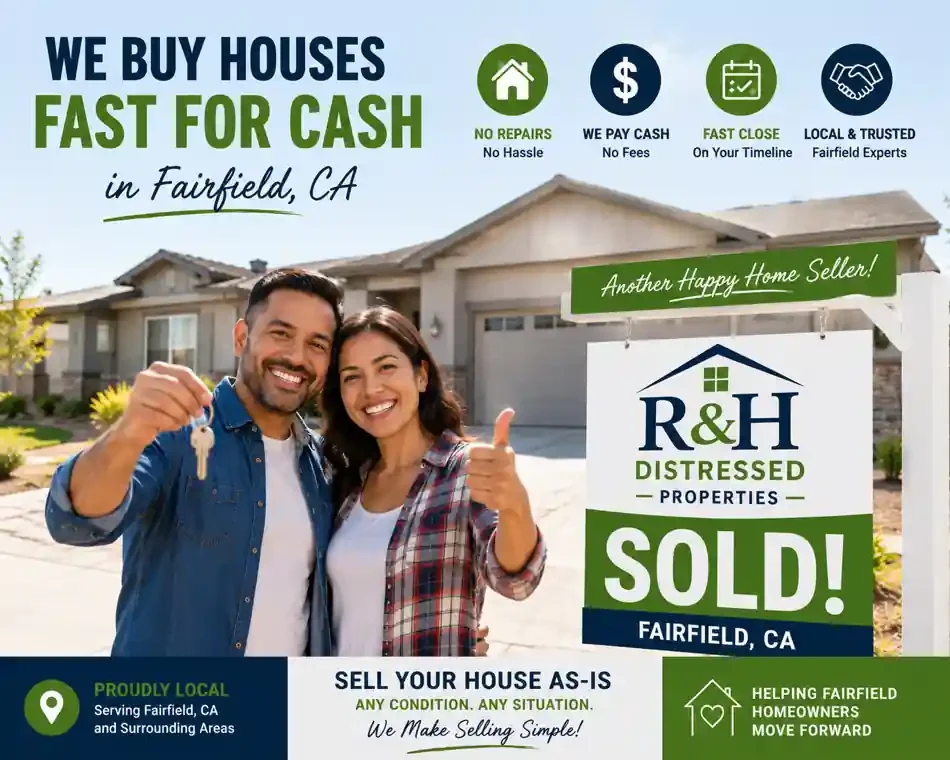 Happy Fairfield CA home sellers celebrating with a sold sign after selling their house fast for cash to R&H Distressed Properties through a simple as-is process with no repairs, realtor fees, or long closing timelines