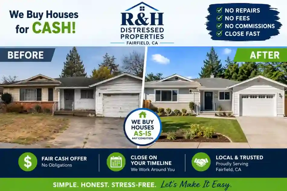 Before and after fixer upper house transformation in Fairfield CA by R&H Distressed Properties for homeowners looking to sell my house fast for cash without repairs or agent commissions