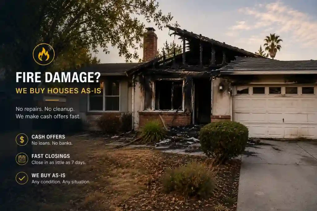 Fire damaged San Jose California house with cash home buyer overlay offering to buy homes as is for cash
