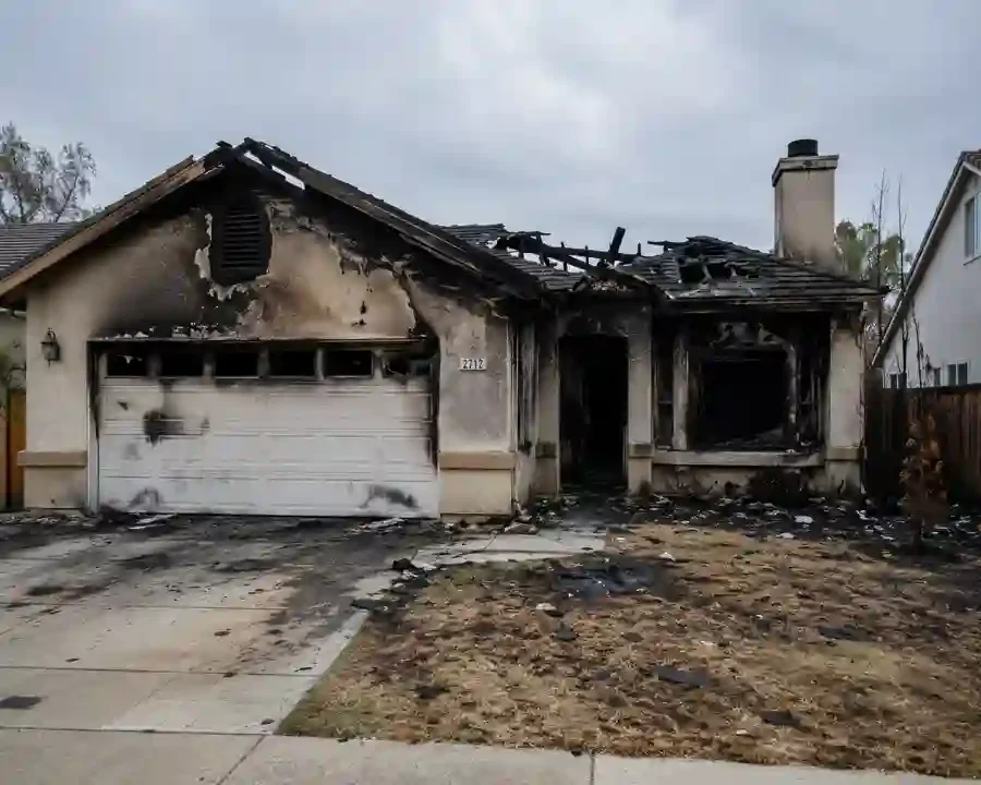 Sell my house fast Turlock CA fire damaged house exterior with severe smoke and roof damage sold as is to a local cash home buyer without repairs